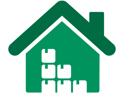 Grüne Hausikone mit Kisten, die auf den Boden gestapelt sind, symbolisiert Lagerung oder Umzug.