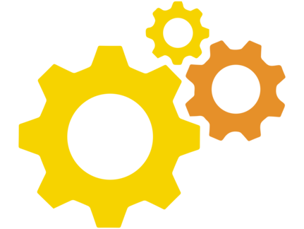 Drei ineinandergreifende Zahnräder in Gelb und Orange auf einem schwarzen Hintergrund.