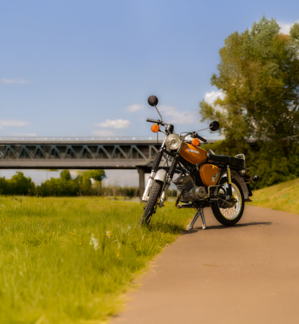 Grauer Roller steht auf einem Feldweg, umgeben von Feldern und unter bewölktem Himmel.