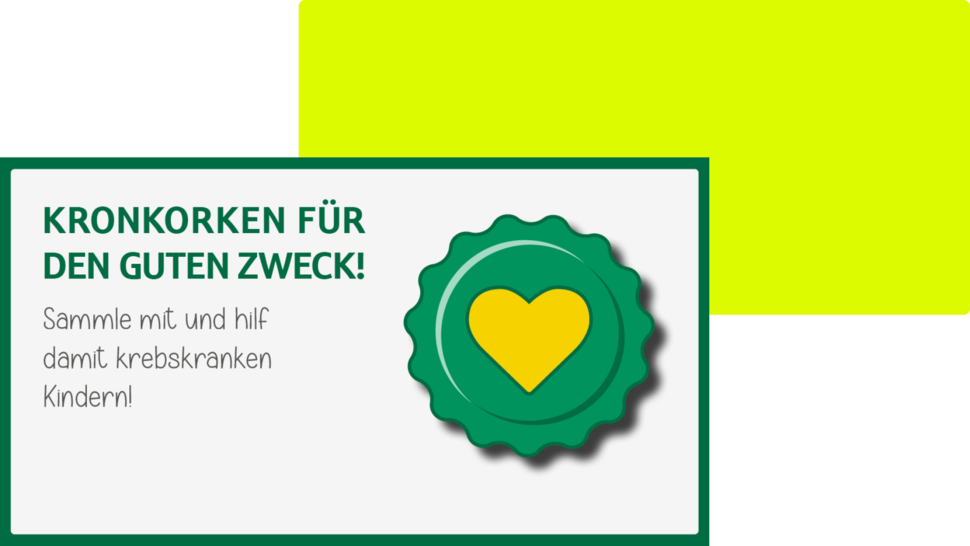 Kronkorken für den guten Zweck: Sammle und unterstütze krebserkrankte Kinder! Herz-Symbol in grün und gelb.