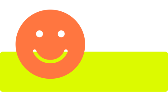 Orangene Smiley-Gesicht mit zwei schwarzen Augen und lächelndem Mund, auf einem leuchtend gelben Balken platziert.