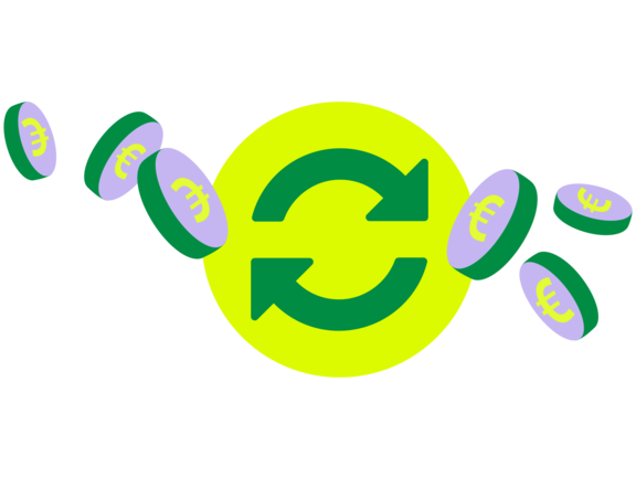 Grüne Pfeile in einem gelben Kreis symbolisieren einen Austausch von Münzen, die in verschiedene Richtungen fallen.