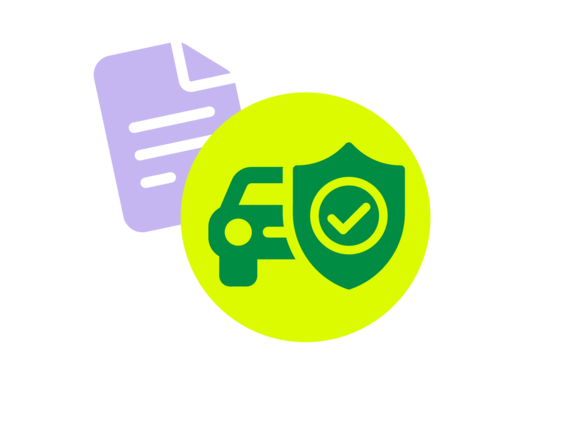 Symbol einer Versicherung mit einem Häkchen und einem Auto in einem gelben Kreis, daneben ein Dokument.
