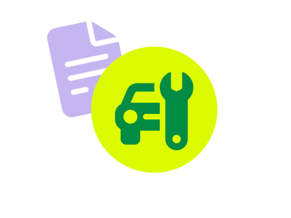Symbol eines Dokuments neben einem Schlüssel und einem Auto in einem leuchtend grünen Kreis.
