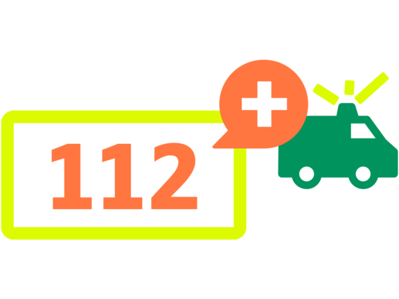 Notrufnummer 112 in orange, umrandet in grün, neben einem grünen Krankenwagen mit blinkendem Licht und Sprechblase.