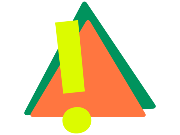 Warnsymbol in Form eines stilisierten Dreiecks mit Ausrufezeichen und runder Basis in leuchtenden Farben.