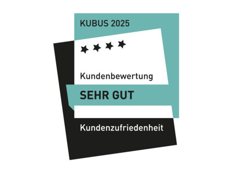 Auszeichnung „KUBUS 2023“: 4 Sterne, Kundenbewertung „SEHR GUT“ für Kundenzufriedenheit.