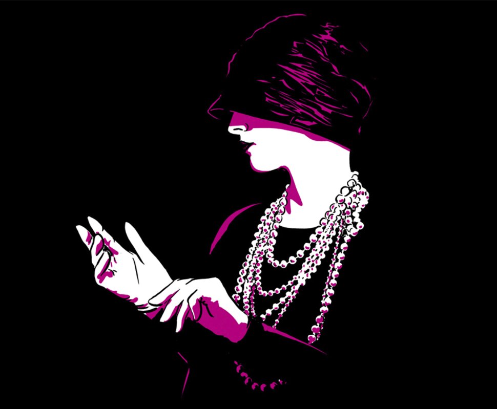 Silhouette einer elegant gekleideten Person mit geschlossenen Augen, umgeben von Perlenketten. Hintergrund in Schwarz und lila.