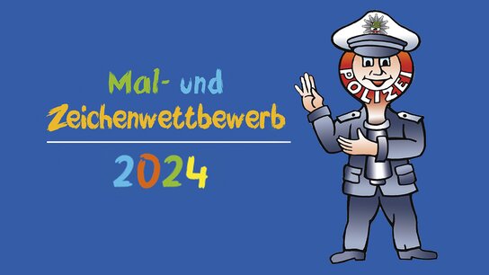 Polizist mit lächelndem Gesicht und Handzeichen, umgeben von bunten Schriftzügen, für Mal- und Zeichenwettbewerb 2024.