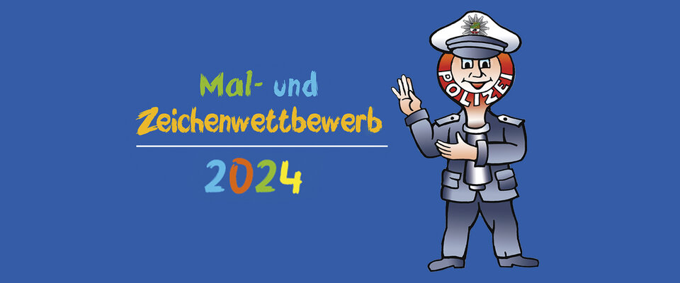 Polizist mit lächelndem Gesicht und Handzeichen, umgeben von bunten Schriftzügen, für Mal- und Zeichenwettbewerb 2024.